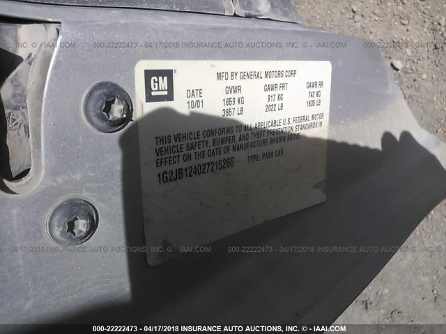 1G2JB124027215266 - 2002 PONTIAC SUNFIRE SE SILVER photo 9