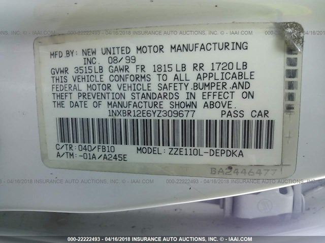 1NXBR12E6YZ309677 - 2000 TOYOTA COROLLA VE/CE/LE 白色 照片 9