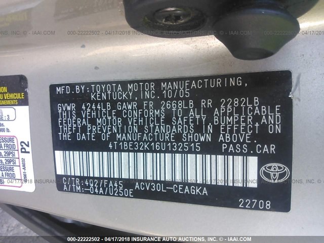 4T1BE32K16U132515 - 2006 TOYOTA CAMRY LE/XLE/SE ოქროსფერი ფოტო 9