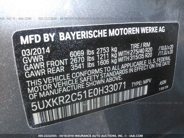 5UXKR2C51E0H33071 - 2014 BMW X5 SDRIVE35I GRAY photo 9