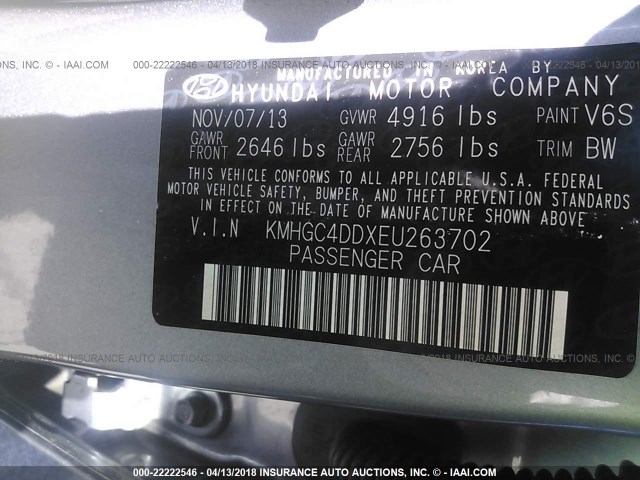 KMHGC4DDXEU263702 - 2014 HYUNDAI GENESIS 3.8L GRAY photo 9