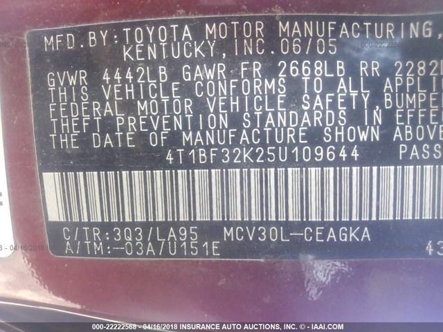 4T1BF32K25U109644 - 2005 TOYOTA CAMRY LE/XLE/SE RED photo 9