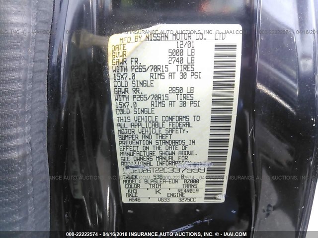 1N6ED26T22C337999 - 2002 NISSAN FRONTIER KING CAB XE/KING CAB SE BLACK photo 9