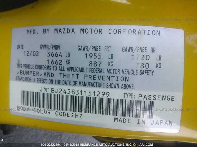 JM1BJ245831151299 - 2003 MAZDA PROTEGE PR5 黑色 照片 9