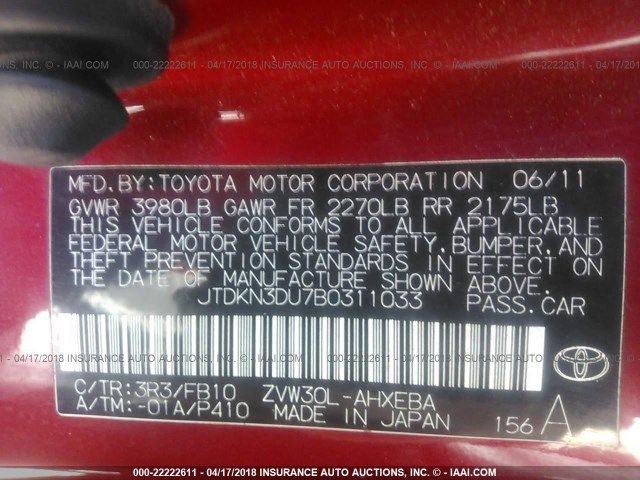 JTDKN3DU7B0311033 - 2011 TOYOTA PRIUS RED photo 9