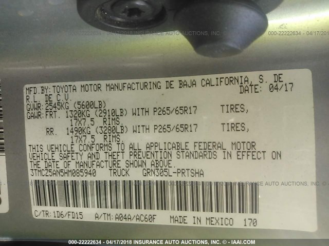 3TMCZ5AN5HM085940 - 2017 TOYOTA TACOMA DBL CAB/SR/TRDSPT/OR/PRO ნაცრისფერი ფოტო 9