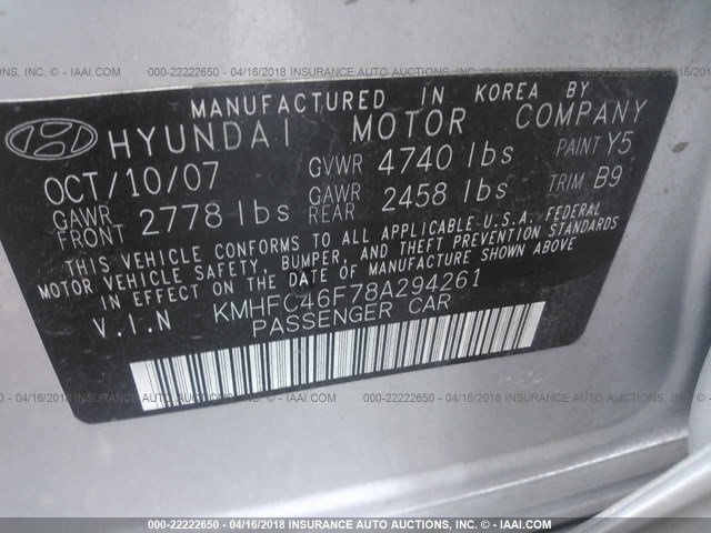 KMHFC46F78A294261 - 2008 HYUNDAI AZERA SE/LIMITED SILVER photo 9