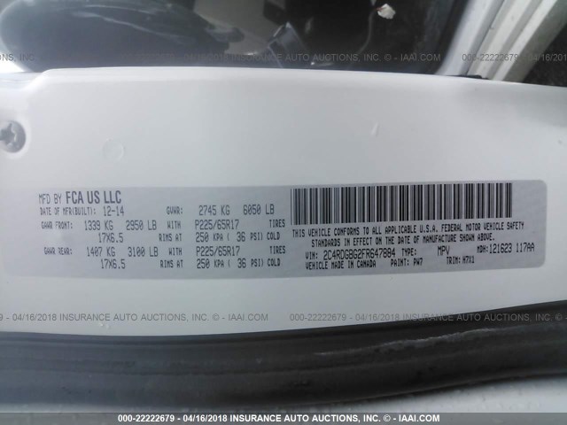 2C4RDGBG2FR647884 - 2015 DODGE GRAND CARAVAN SE WHITE photo 9