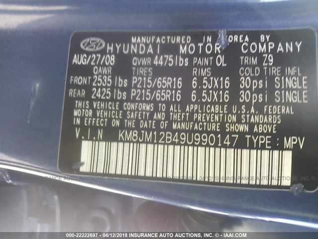 KM8JM12B49U990147 - 2009 HYUNDAI TUCSON GLS BLUE photo 9