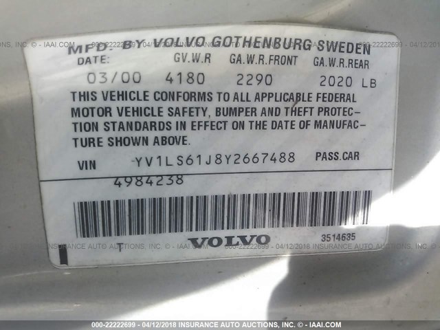 YV1LS61J8Y2667488 - 2000 VOLVO S70 SE SILVER photo 9