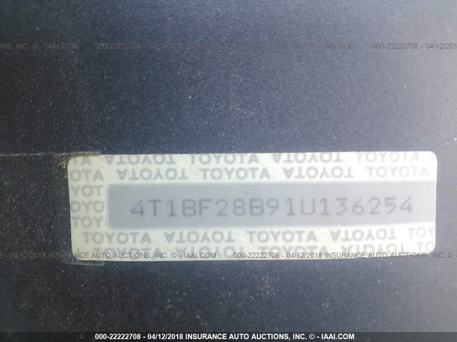 4T1BF28B91U136254 - 2001 TOYOTA AVALON XL/XLS GRAY photo 9
