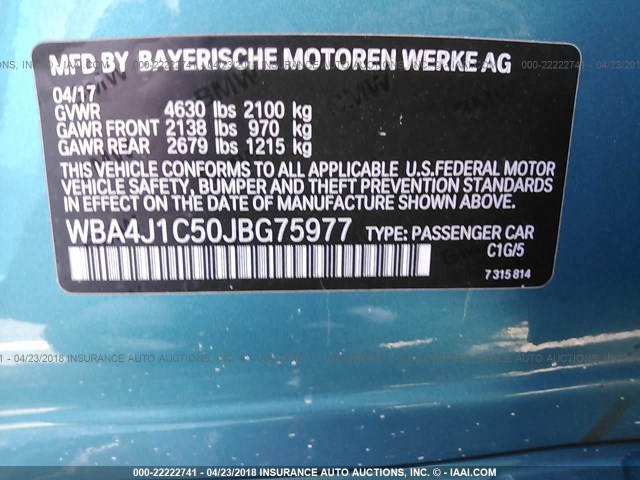 WBA4J1C50JBG75977 - 2018 BMW 430I GRAN COUPE BLUE photo 9