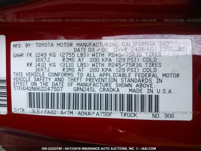 5TEUU42N86Z247507 - 2006 TOYOTA TACOMA ACCESS CAB RED photo 9