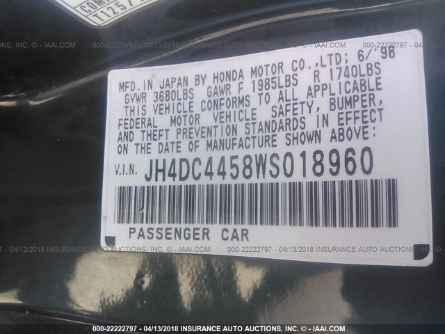 JH4DC4458WS018960 - 1998 ACURA INTEGRA LS GREEN photo 9