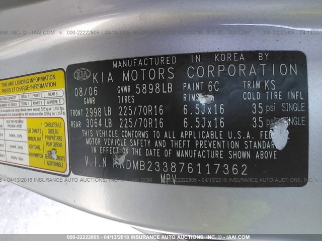 KNDMB233876117362 - 2007 KIA SEDONA EX/LX GRAY photo 9