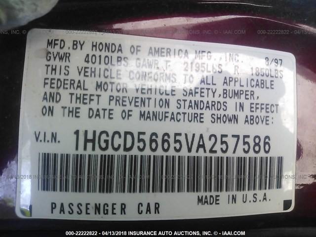 1HGCD5665VA257586 - 1997 HONDA ACCORD EX/EX-R BURGUNDY photo 9