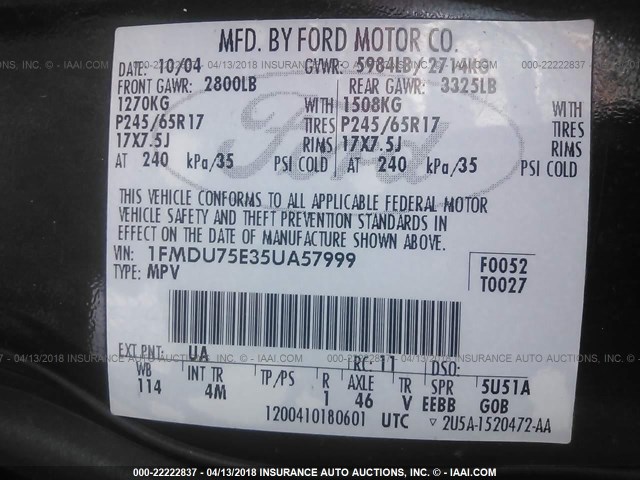 1FMDU75E35UA57999 - 2005 FORD EXPLORER LIMITED Qara foto 9