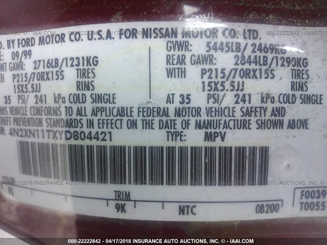 4N2XN11TXYD804421 - 2000 NISSAN QUEST SE/GLE/GXE RED photo 9