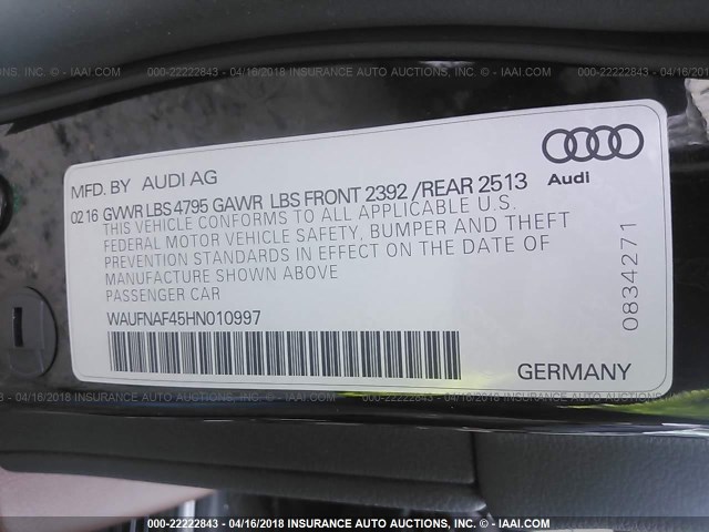 WAUFNAF45HN010997 - 2017 AUDI A4 PRESTIGE BLACK photo 9