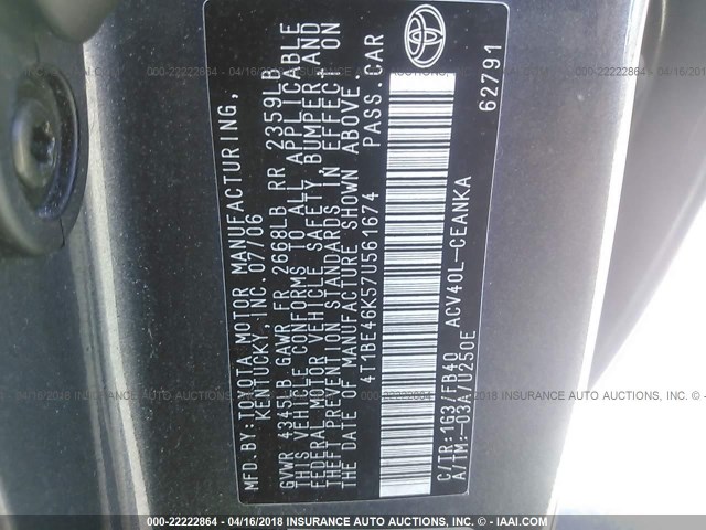 4T1BE46K57U561674 - 2007 TOYOTA CAMRY NEW GENERAT CE/LE/XLE/SE GRAY photo 9