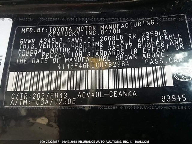 4T1BE46K58U782984 - 2008 TOYOTA CAMRY CE/LE/XLE/SE BLACK photo 9