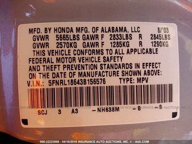 5FNRL18643B156576 - 2003 HONDA ODYSSEY EX SILVER photo 9