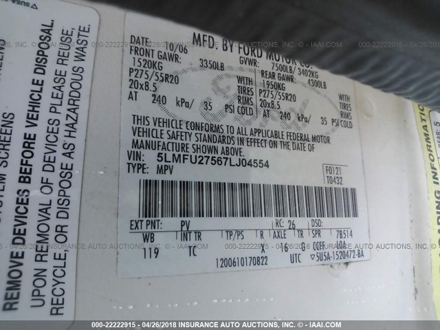 5LMFU27567LJ04554 - 2007 LINCOLN NAVIGATOR 白色 照片 9