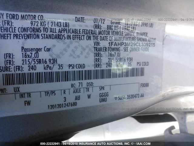 1FAHP3M29CL339215 - 2012 FORD FOCUS SEL SILVER photo 9