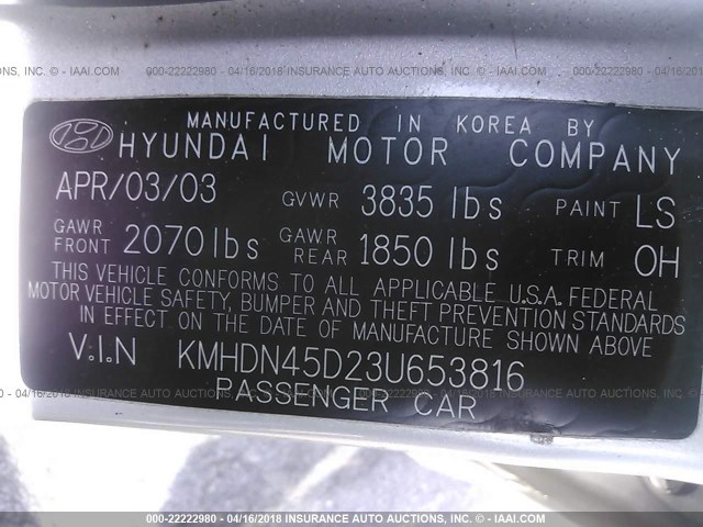 KMHDN45D23U653816 - 2003 HYUNDAI ELANTRA GLS/GT SILVER photo 9