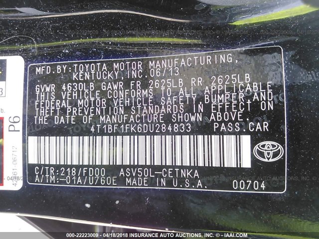 4T1BF1FK6DU284833 - 2013 TOYOTA CAMRY L/SE/LE/XLE 黑色 照片 9