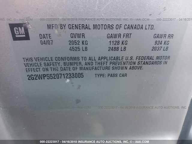 2G2WP552071233005 - 2007 PONTIAC GRAND PRIX SILVER photo 9