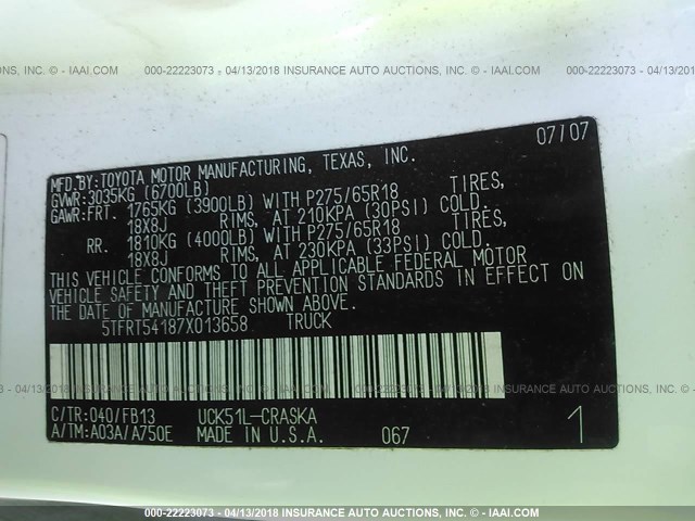 5TFRT54187X013658 - 2007 TOYOTA TUNDRA DOUBLE CAB SR5 WHITE photo 9