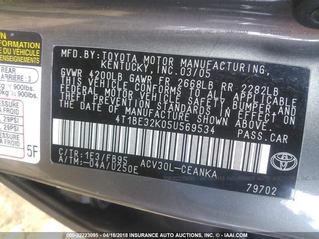 4T1BE32K05U569534 - 2005 TOYOTA CAMRY LE/XLE/SE ნაცრისფერი ფოტო 9