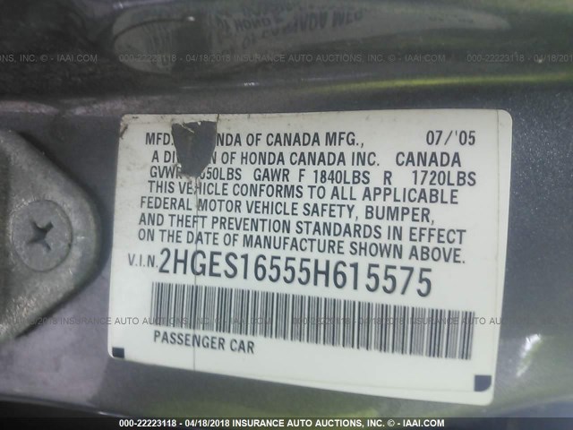 2HGES16555H615575 - 2005 HONDA CIVIC LX GRAY photo 9