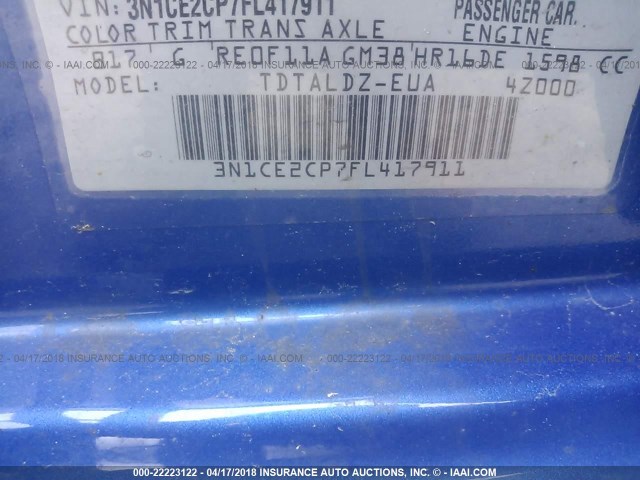 3N1CE2CP7FL417911 - 2015 NISSAN VERSA NOTE S/S PLUS/SV/SL/SR BLUE photo 9