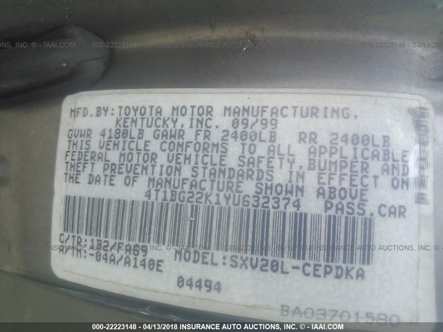 4T1BG22K1YU632374 - 2000 TOYOTA CAMRY CE/LE/XLE 绿色 照片 9