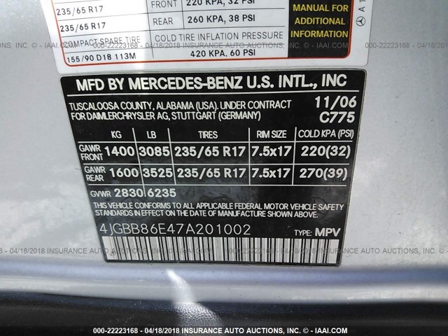 4JGBB86E47A201002 - 2007 MERCEDES-BENZ ML 350 SILVER photo 9