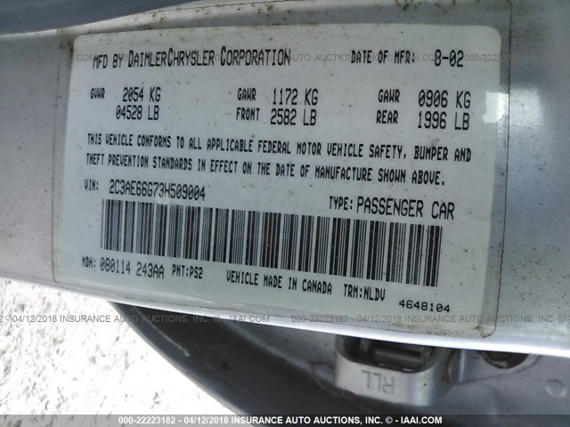 2C3AE66G73H509004 - 2003 CHRYSLER 300M SILVER photo 9