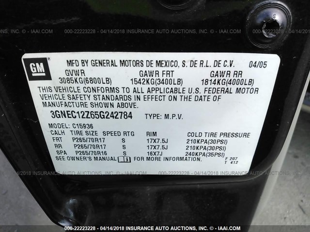 3GNEC12Z65G242784 - 2005 CHEVROLET AVALANCHE C1500 GRAY photo 9