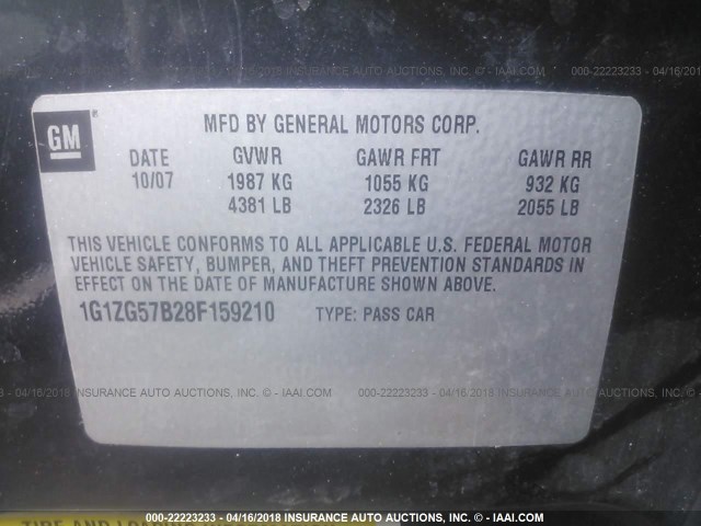 1G1ZG57B28F159210 - 2008 CHEVROLET MALIBU LS 黑色 照片 9