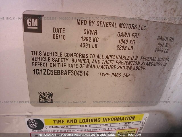 1G1ZC5EB8AF304514 - 2010 CHEVROLET MALIBU 1LT SILVER photo 9