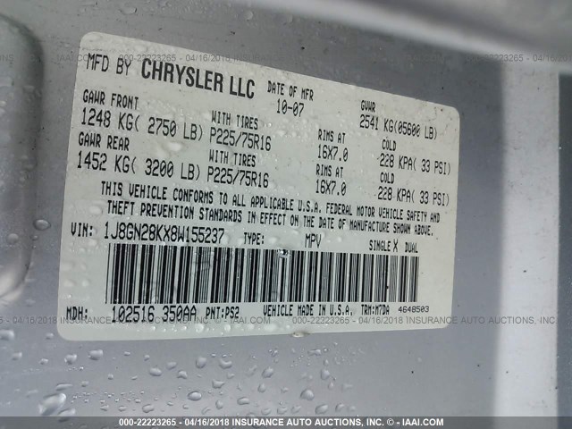 1J8GN28KX8W155237 - 2008 JEEP LIBERTY SPORT 银色 照片 9