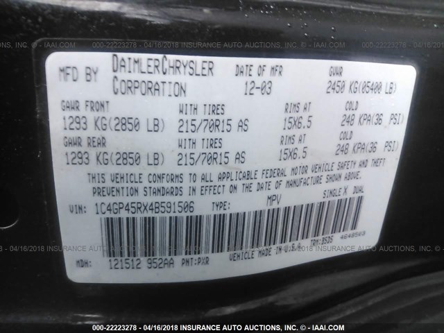 1C4GP45RX4B591506 - 2004 CHRYSLER TOWN & COUNTRY  BLACK photo 9