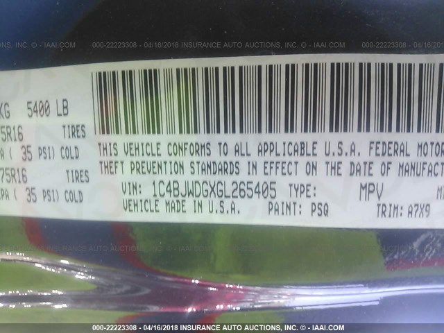 1C4BJWDGXGL265405 - 2016 JEEP WRANGLER UNLIMITE SPORT 蓝色 照片 9