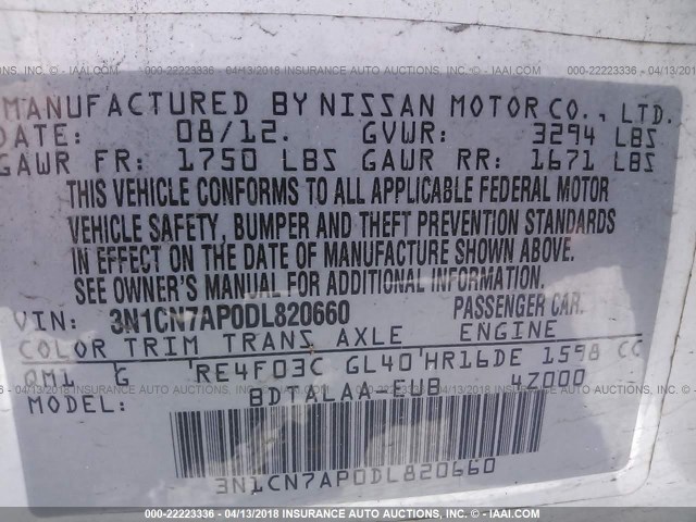 3N1CN7AP0DL820660 - 2013 NISSAN VERSA S/S PLUS/SV/SL WHITE photo 9