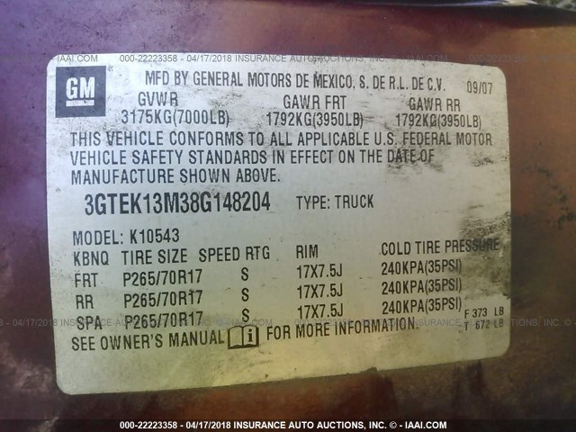 3GTEK13M38G148204 - 2008 GMC SIERRA K1500 MAROON photo 9