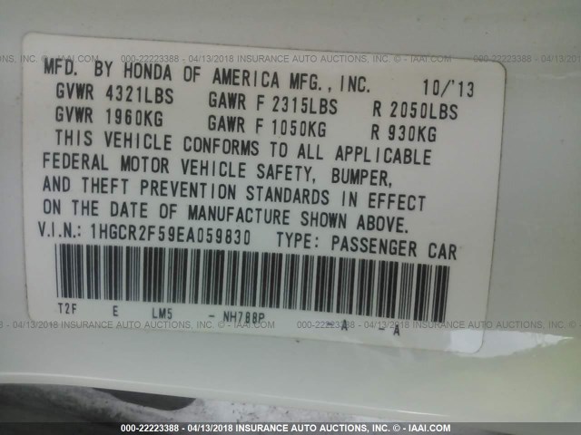 1HGCR2F59EA059830 - 2014 HONDA ACCORD SPORT 白色 照片 9