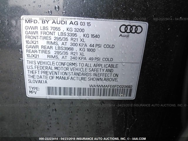 WA1WMAFE6FD020692 - 2015 AUDI Q7 TDI/PRESTIGE GRAY photo 9