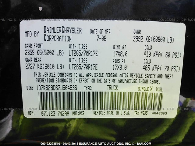 1D7KS28D67J504536 - 2007 DODGE RAM 2500 ST/SLT 黑色 照片 9