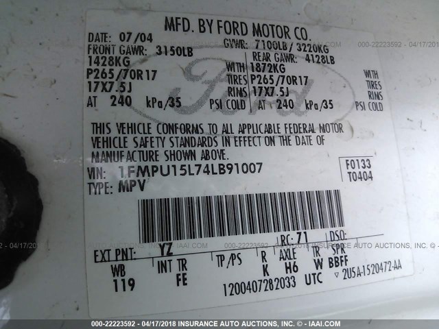 1FMPU15L74LB91007 - 2004 FORD EXPEDITION XLT Ağ foto 9